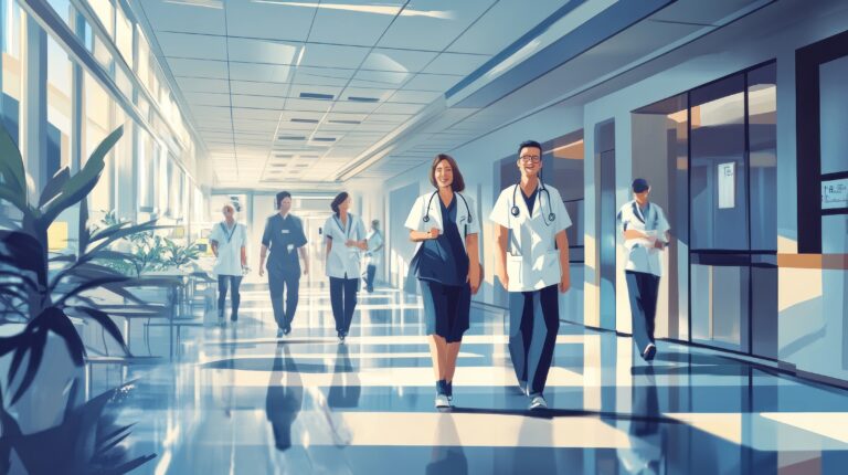 Hospital corridor with doctors walking Sunlight streams through windows